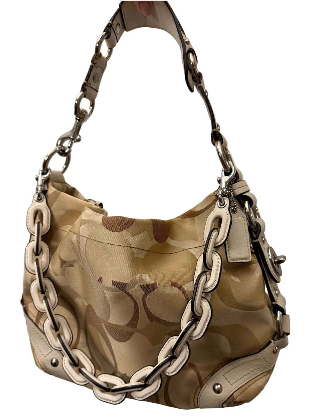 Coach Carly Optic C print shoulder bag in tan with Silver hardware